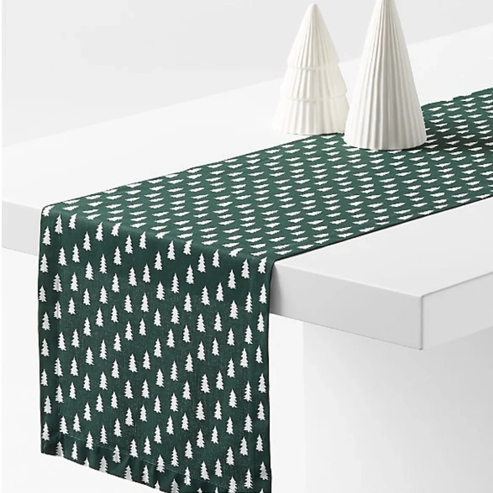 New! Crate&Barrel Green and White Tree Table Runner 120”